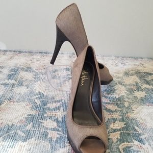 Cole Haan Stephanie gray calf hair peep toe pump